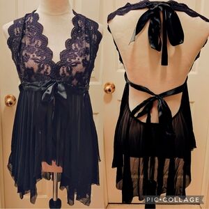 Avidlove Plus Size Sheer Mesh & Lace Asymmetrical Babydoll Lingerie Slip Dress